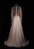Retro 80s A line Scoop Neck Long Sleeves Blush Pink Chiffon With Beads Prom Dresses Inspo 22th Birthday Outfit Formal Gown HZ0311