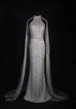 Vintage Mermaid 80s High Neck Silver Beads With Beaded Cape Long Prom Dresses Inspo 20th Birthday Outfit Formal Gowns HZ0311