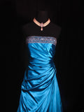 Vintage Ball Gown Strapless Blue Satin 1970s With Ruffled Beads Bodice Long Prom Dresses Inspo 16th Birthday Outfit Formal Gown HZ0311