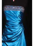 Vintage Ball Gown Strapless Blue Satin 1970s With Ruffled Beads Bodice Long Prom Dresses Inspo 16th Birthday Outfit Formal Gown HZ0311