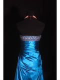 Vintage Ball Gown Strapless Blue Satin 1970s With Ruffled Beads Bodice Long Prom Dresses Inspo 16th Birthday Outfit Formal Gown HZ0311