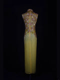 Retro 60s Sheath High Neck Yellow Chiffon With Gem Beads Prom Dresses Inspo 22th Birthday Outfit Formal Gown HZ0311