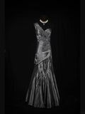Vintage Mermaid One Shoulder Gray 1970s With Appliqued Beads Bodice Long Prom Dresses Inspo 19th Birthday Outfit Formal Gown HZ0311