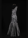 Vintage Mermaid One Shoulder Gray 1970s With Appliqued Beads Bodice Long Prom Dresses Inspo 19th Birthday Outfit Formal Gown HZ0311