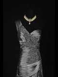 Vintage Mermaid One Shoulder Gray 1970s With Appliqued Beads Bodice Long Prom Dresses Inspo 19th Birthday Outfit Formal Gown HZ0311