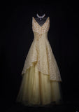 Vintage Ball Gown 80s V Neck Tulle Beads Lace With Beaded Long Prom Dresses Inspo Birthday Outfit Formal Gowns HZ0311