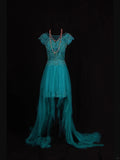 Retro 60s A line High Low Scoop Neck Blue Tulle With Pearls Beads Lace Prom Dresses Inspo 22th Birthday Outfit Formal Gown HZ0311