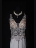 Vintage Mermaid V Neck Silver 1970s With Silver Beads Bodice Long Prom Dresses Inspo 19th Birthday Outfit Formal Gown HZ0311