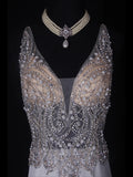 Vintage Mermaid V Neck Silver 1970s With Silver Beads Bodice Long Prom Dresses Inspo 19th Birthday Outfit Formal Gown HZ0311
