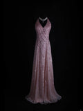 Retro 60s A Line V Neck Rose Pink Chiffon With Beads Long Prom Dresses Inspo 22th Birthday Outfit Formal Gown HZ0311