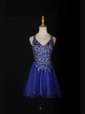 Vintage A line Halter Royal Blue Tulle With Gold Beads Short 18th Birthday Dress Homecoming Dresses Cocktail Gown HZ0311