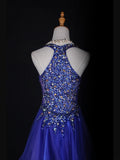 Vintage A line Halter Royal Blue Tulle With Gold Beads Short 18th Birthday Dress Homecoming Dresses Cocktail Gown HZ0311
