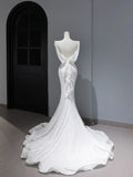 Simple Mermaid Spaghetti Strap Sequin Wedding Gown Style for Bride With Fitted Petite Plus Size Backless Bridal Dress HZ0311