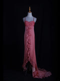 Retro 60s High Low Spaghetti Straps Pink Chiffon With Beads Prom Dresses Inspo 22th Birthday Outfit Formal Gown HZ0311