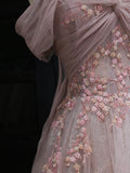 Modest Prom Dresses Aesthetic A Line Off The Shoulder Pink Tulle Inspiration Style Impress With Sleeves Long Party Formal Gown HZ0311