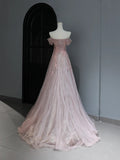 Modest Prom Dresses Aesthetic A Line Off The Shoulder Pink Tulle Inspiration Style Impress With Sleeves Long Party Formal Gown HZ0311