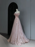 Modest Prom Dresses Aesthetic A Line Off The Shoulder Pink Tulle Inspiration Style Impress With Sleeves Long Party Formal Gown HZ0311