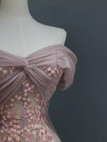 Modest Prom Dresses Aesthetic A Line Off The Shoulder Pink Tulle Inspiration Style Impress With Sleeves Long Party Formal Gown HZ0311