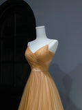 Modest Prom Dresses Aesthetic A Line Spaghetti Straps Gold Tulle Inspiration Style Impress With Pleated Long Party Formal Gown HZ0311