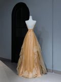 Modest Prom Dresses Aesthetic A Line Spaghetti Straps Gold Tulle Inspiration Style Impress With Pleated Long Party Formal Gown HZ0311