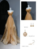 Modest Prom Dresses Aesthetic A Line Spaghetti Straps Gold Tulle Inspiration Style Impress With Pleated Long Party Formal Gown HZ0311