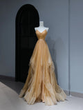 Modest Prom Dresses Aesthetic A Line Spaghetti Straps Gold Tulle Inspiration Style Impress With Pleated Long Party Formal Gown HZ0311