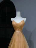 Modest Prom Dresses Aesthetic A Line Spaghetti Straps Gold Tulle Inspiration Style Impress With Pleated Long Party Formal Gown HZ0311