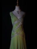Vintage A Line One Shoulder Bud Green 1950s With Pleated Ruffled Beaded Bodice Long Prom Dresses Inspo Birthday Outfit Formal Gown HZ0311