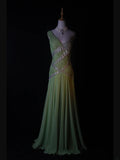 Vintage A Line One Shoulder Bud Green 1950s With Pleated Ruffled Beaded Bodice Long Prom Dresses Inspo Birthday Outfit Formal Gown HZ0311