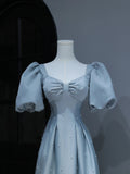 Modest Prom Dresses Aesthetic A Line Sweetheart Light Sky Blue Satin Inspiration Style Impress With Puffy Sleeves Pearls Long Party Formal Gown HZ0311