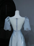 Modest Prom Dresses Aesthetic A Line Sweetheart Light Sky Blue Satin Inspiration Style Impress With Puffy Sleeves Pearls Long Party Formal Gown HZ0311