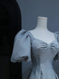 Modest Prom Dresses Aesthetic A Line Sweetheart Light Sky Blue Satin Inspiration Style Impress With Puffy Sleeves Pearls Long Party Formal Gown HZ0311