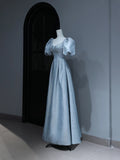 Modest Prom Dresses Aesthetic A Line Sweetheart Light Sky Blue Satin Inspiration Style Impress With Puffy Sleeves Pearls Long Party Formal Gown HZ0311