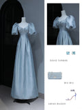 Modest Prom Dresses Aesthetic A Line Sweetheart Light Sky Blue Satin Inspiration Style Impress With Puffy Sleeves Pearls Long Party Formal Gown HZ0311