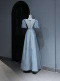 Modest Prom Dresses Aesthetic A Line Sweetheart Light Sky Blue Satin Inspiration Style Impress With Puffy Sleeves Pearls Long Party Formal Gown HZ0311