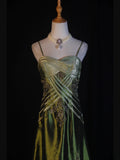 Retro 60s A line Spaghetti Straps Olive Green Satin With Ruffled Beads Slit Long Prom Dresses Inspo 22th Birthday Outfit Formal Gown HZ0311