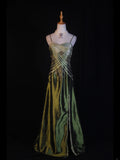 Retro 60s A line Spaghetti Straps Olive Green Satin With Ruffled Beads Slit Long Prom Dresses Inspo 22th Birthday Outfit Formal Gown HZ0311