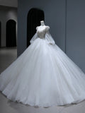 Princess Long Wedding Gowns Ball Gown Scoop Style for Bride With Lace Appliques Long Sleeves Train White Bridal Dresses HZ0311