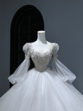 Princess Long Wedding Gowns Ball Gown Scoop Style for Bride With Lace Appliques Long Sleeves Train White Bridal Dresses HZ0311