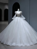 Princess Long Wedding Gowns Ball Gown Scoop Style for Bride With Lace Appliques Long Sleeves Train White Bridal Dresses HZ0311