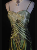 Retro 60s A line Spaghetti Straps Olive Green Satin With Ruffled Beads Slit Long Prom Dresses Inspo 22th Birthday Outfit Formal Gown HZ0311