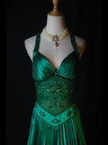 Retro 60s A line Halter Dark Emerald Green Satin With Beads Long Prom Dresses Inspo 22th Birthday Outfit Formal Gown HZ0311