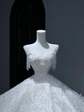 Princess Long Wedding Gowns Ball Gown Sweetheart Style for Bride With Tassel Train White Lace Bridal Dresses HZ0311