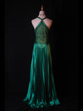 Retro 60s A line Halter Dark Emerald Green Satin With Beads Long Prom Dresses Inspo 22th Birthday Outfit Formal Gown HZ0311