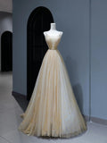 Modest Prom Dresses Aesthetic A Line Spaghetti Straps Gold Tulle Inspiration Style Impress Corset Fitted Long Party Formal Gown HZ0311