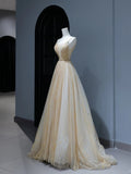 Modest Prom Dresses Aesthetic A Line Spaghetti Straps Gold Tulle Inspiration Style Impress Corset Fitted Long Party Formal Gown HZ0311