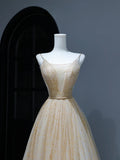 Modest Prom Dresses Aesthetic A Line Spaghetti Straps Gold Tulle Inspiration Style Impress Corset Fitted Long Party Formal Gown HZ0311