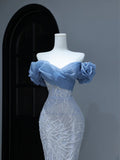 Modest Prom Dresses Aesthetic Mermaid Off The Shoulder Blue Sequins Inspiration Style Impress With Puffy Sleeves Long Party Formal Gown HZ0311