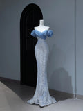 Modest Prom Dresses Aesthetic Mermaid Off The Shoulder Blue Sequins Inspiration Style Impress With Puffy Sleeves Long Party Formal Gown HZ0311