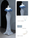 Modest Prom Dresses Aesthetic Mermaid Off The Shoulder Blue Sequins Inspiration Style Impress With Puffy Sleeves Long Party Formal Gown HZ0311